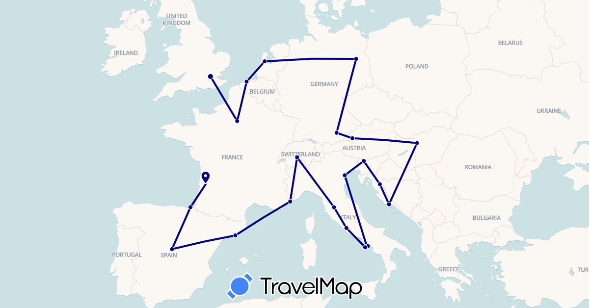 TravelMap itinerary: driving in Austria, Belgium, Switzerland, Germany, Spain, France, United Kingdom, Croatia, Hungary, Italy, Netherlands, Slovenia (Europe)